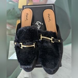 Qupid Black Faux Fur Mule Loafers with Gold Accent